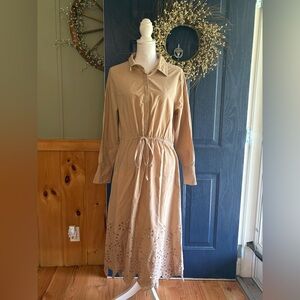 Sweet Magnolia Tan Long Sleeve Cotton Shirt Dress Cutout On Bottom Size L